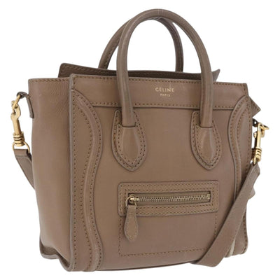 CELINE Luggage Nano Shopper Hand Bag Leather 2way Beige Gold Auth 200630A