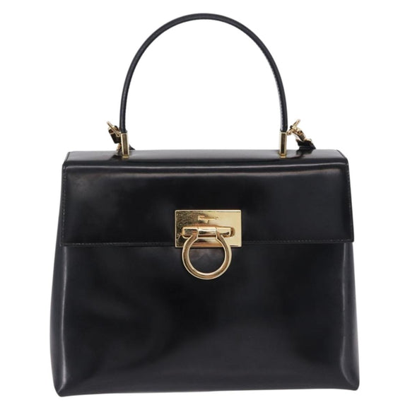 Salvatore Ferragamo Gancini Hand Bag Patent 2way Black Gold Tone Auth 200642