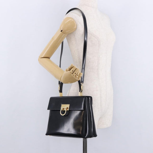 Salvatore Ferragamo Gancini Hand Bag Patent 2way Black Gold Tone Auth 200642