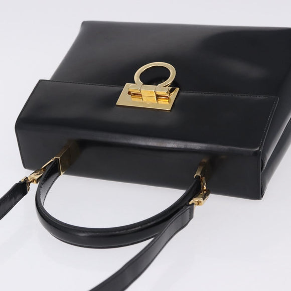 Salvatore Ferragamo Gancini Hand Bag Patent 2way Black Gold Tone Auth 200642