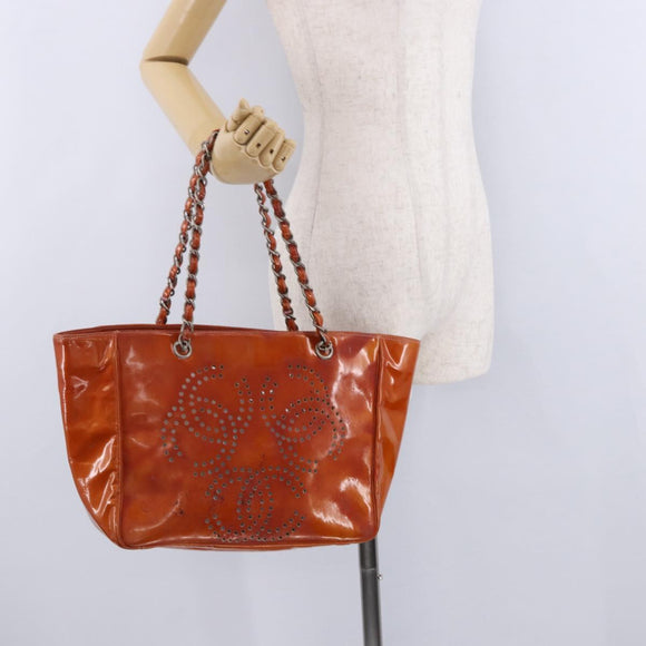 CHANEL Triple Coco Chain Shoulder Bag Patent Orange Silver CC Auth 200643