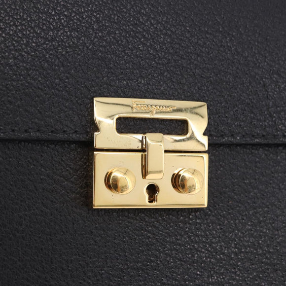 Salvatore Ferragamo Clutch Bag Leather Black Gold Tone Auth 200657