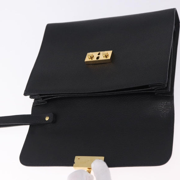 Salvatore Ferragamo Clutch Bag Leather Black Gold Tone Auth 200657