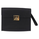 Salvatore Ferragamo Clutch Bag Leather Black Gold Tone Auth 200657-13