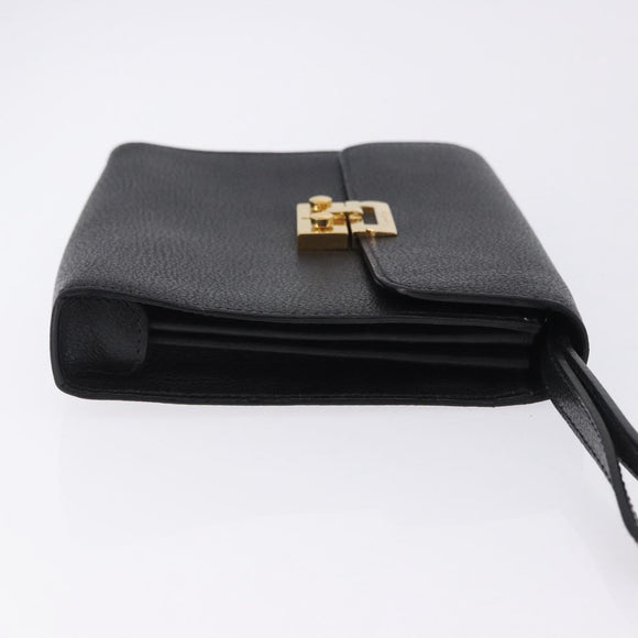 Salvatore Ferragamo Clutch Bag Leather Black Gold Tone Auth 200657