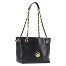 VERSACE Chain Shoulder Bag Leather Black Gold Auth 200692V-1