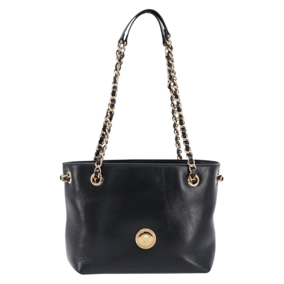 VERSACE Chain Shoulder Bag Leather Black Gold Auth 200692V