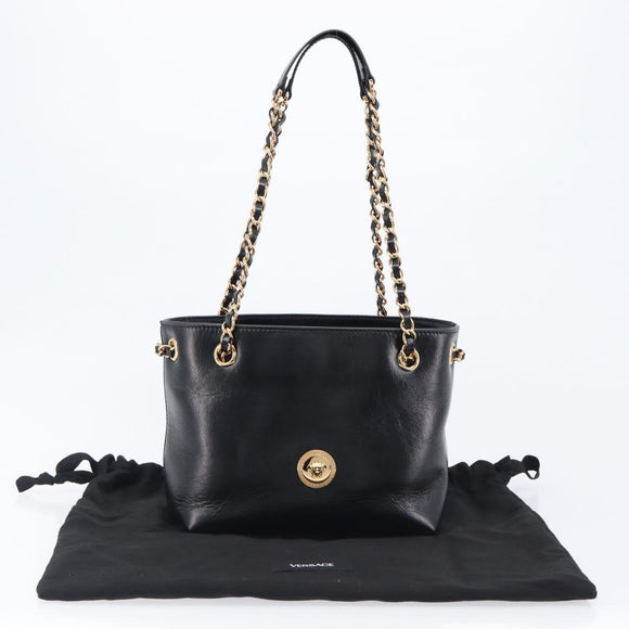 VERSACE Chain Shoulder Bag Leather Black Gold Auth 200692V