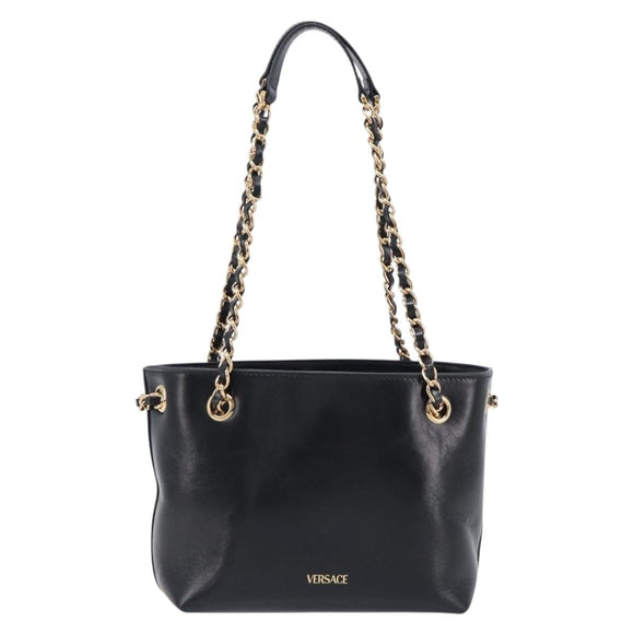 VERSACE Chain Shoulder Bag Leather Black Gold Auth 200692V