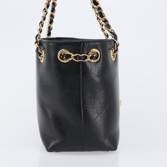 VERSACE Chain Shoulder Bag Leather Black Gold Auth 200692V