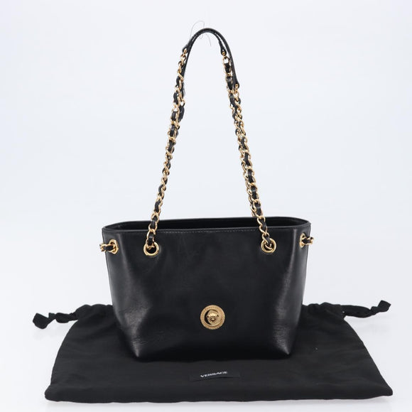 VERSACE Chain Shoulder Bag Leather Black Gold Auth 200693V