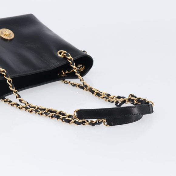 VERSACE Chain Shoulder Bag Leather Black Gold Auth 200693V