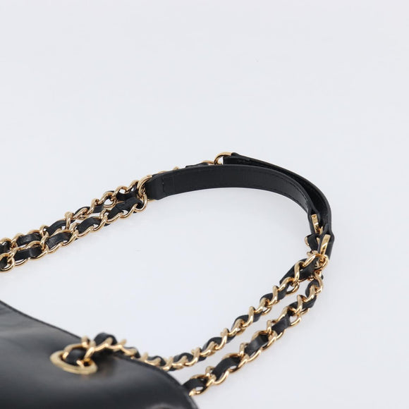 VERSACE Chain Shoulder Bag Leather Black Gold Auth 200693V