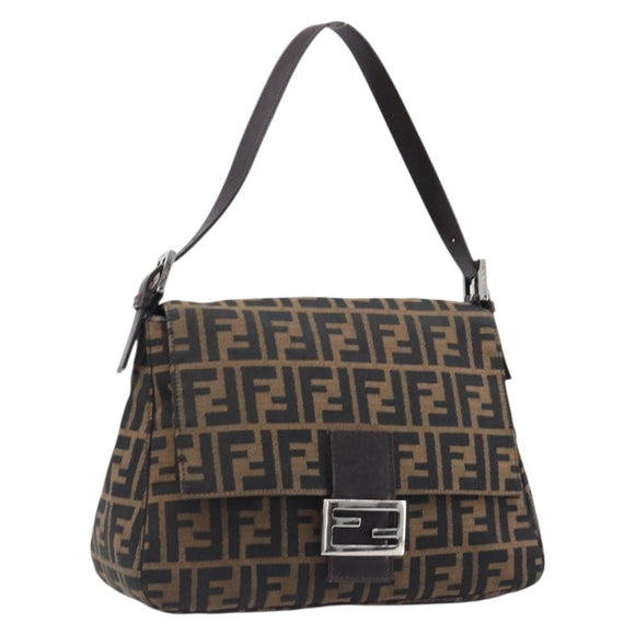 FENDI Zucca Canvas Mamma Baguette Shoulder Bag Black Brown Auth 200695V