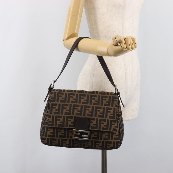 FENDI Zucca Canvas Mamma Baguette Shoulder Bag Black Brown Auth 200695V