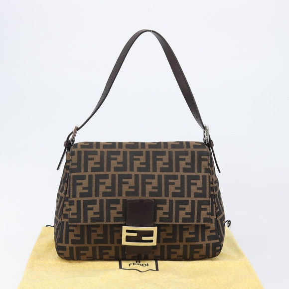 FENDI Zucca Canvas Mamma Baguette Shoulder Bag Black Brown Auth 200695V