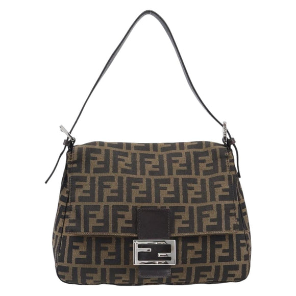 FENDI Zucca Canvas Mamma Baguette Shoulder Bag Black Brown Auth 200696V