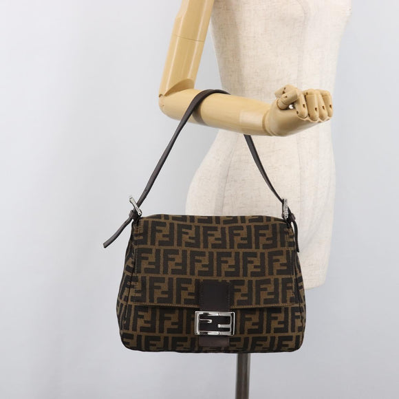 FENDI Zucca Canvas Mamma Baguette Shoulder Bag Black Brown Auth 200696V