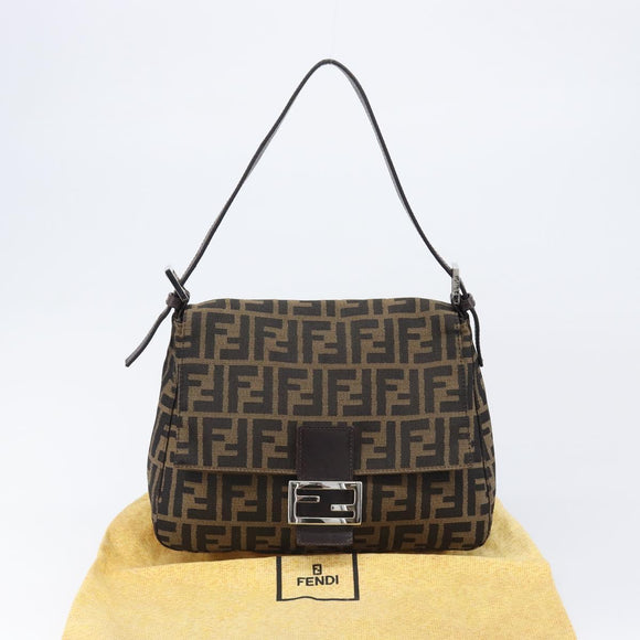 FENDI Zucca Canvas Mamma Baguette Shoulder Bag Black Brown Auth 200696V