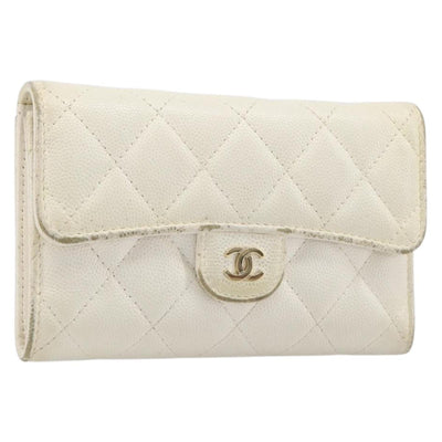CHANEL Matelasse Long Wallet Caviar Skin White Gold CC Auth 200700