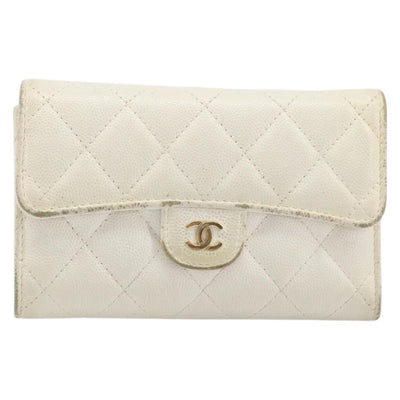 CHANEL Matelasse Long Wallet Caviar Skin White Gold CC Auth 200700 - 0