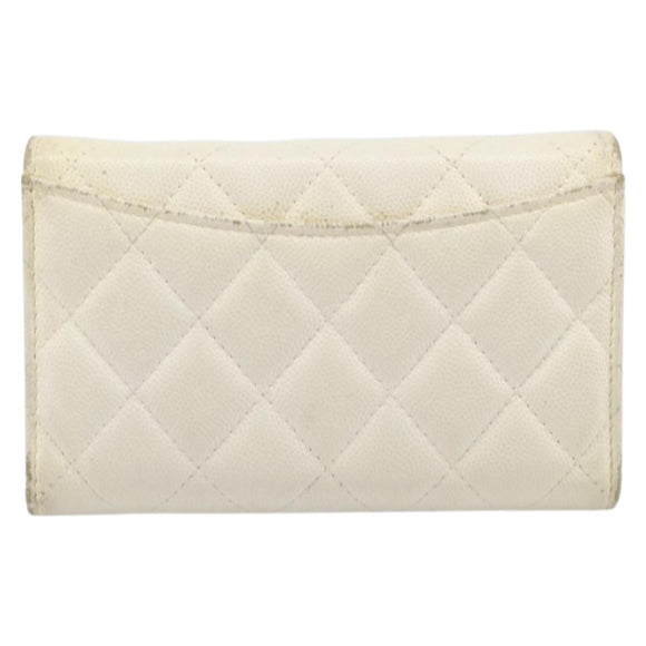 CHANEL Matelasse Long Wallet Caviar Skin White Gold CC Auth 200700
