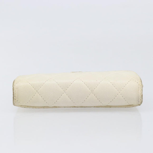 CHANEL Matelasse Long Wallet Caviar Skin White Gold CC Auth 200700