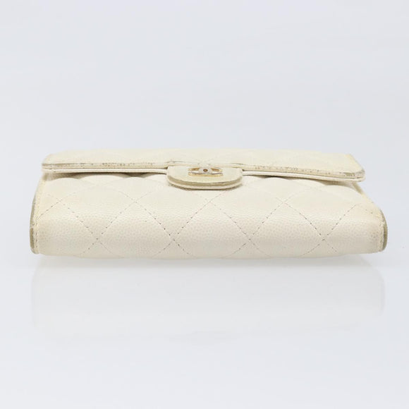 CHANEL Matelasse Long Wallet Caviar Skin White Gold CC Auth 200700