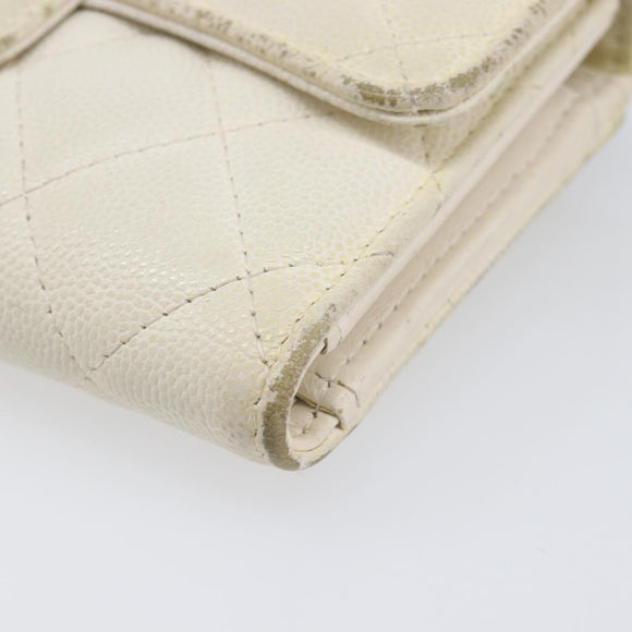 CHANEL Matelasse Long Wallet Caviar Skin White Gold CC Auth 200700
