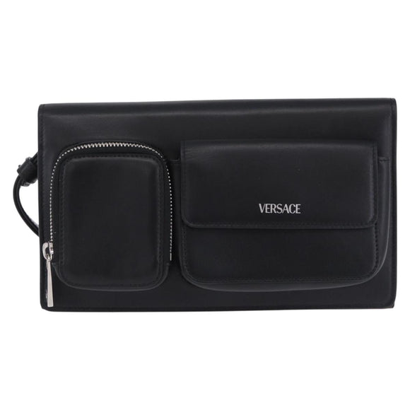 VERSACE Clutch Bag Leather Black Silver Auth 200703V