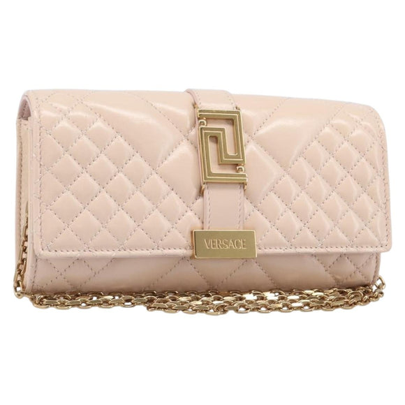VERSACE Chain Shoulder Wallet Greca Goddess Leather Pink Gold Auth 200704V