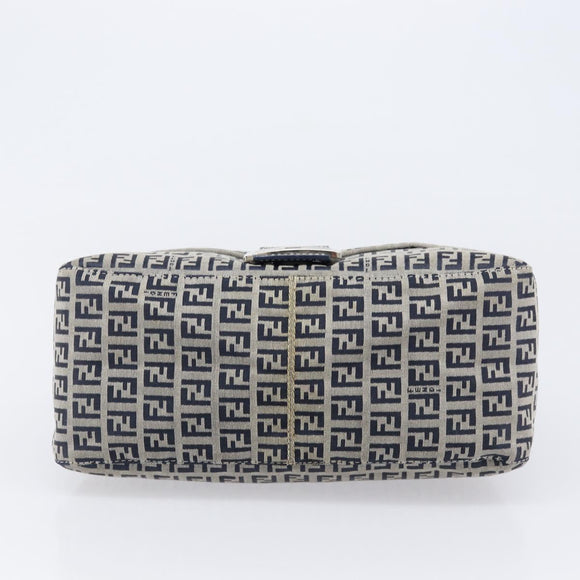 FENDI Zucchino Canvas Mamma Baguette Shoulder Bag Navy Silver Auth 200709V