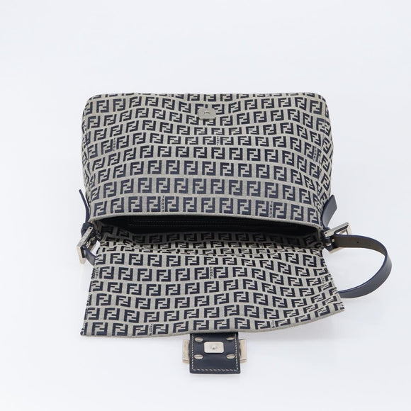FENDI Zucchino Canvas Mamma Baguette Shoulder Bag Navy Silver Auth 200709V