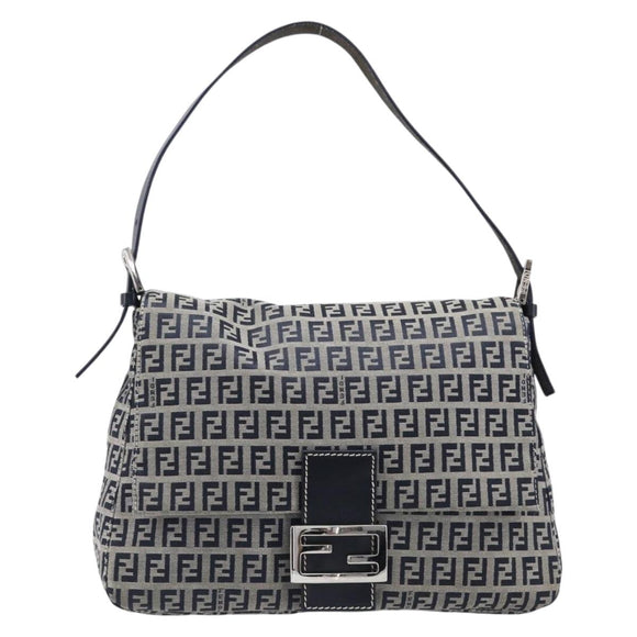 FENDI Zucchino Canvas Mamma Baguette Shoulder Bag Navy Silver Auth 200709V