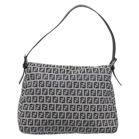 FENDI Zucchino Canvas Mamma Baguette Shoulder Bag Navy Silver Auth 200709V
