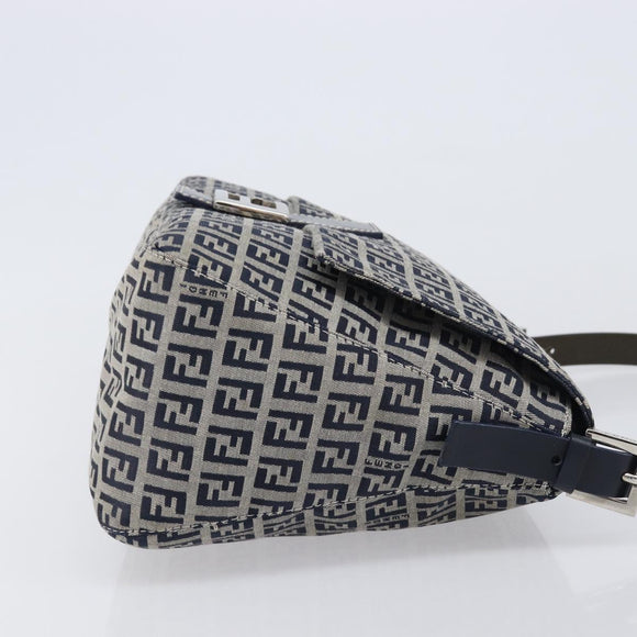FENDI Zucchino Canvas Mamma Baguette Shoulder Bag Navy Silver Auth 200709V