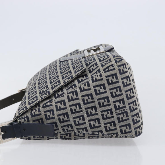 FENDI Zucchino Canvas Mamma Baguette Shoulder Bag Navy Silver Auth 200709V