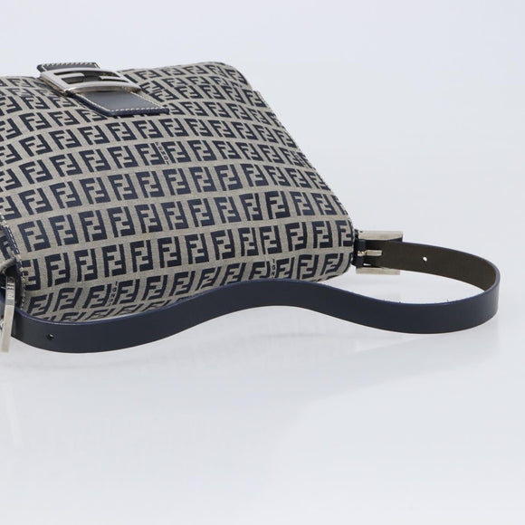 FENDI Zucchino Canvas Mamma Baguette Shoulder Bag Navy Silver Auth 200709V