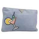 PRADA Clutch Bag Leather Light Blue Gold Auth 200722A-1