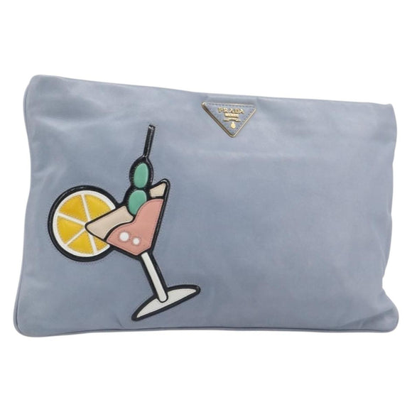 PRADA Clutch Bag Leather Light Blue Gold Auth 200722A