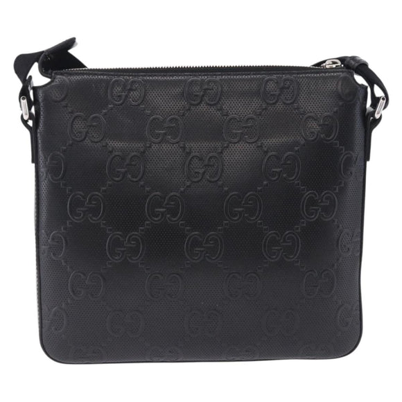 GUCCI GG Emboss Shoulder Bag Leather Black Silver 406410 Auth 200726