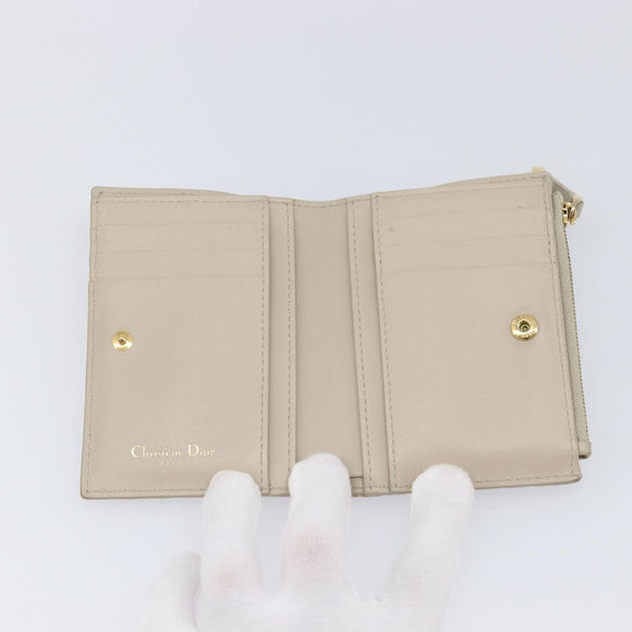 Christian Dior Cannage Caro Dahlia Wallet Lamb Skin Beige Gold Auth 200738A