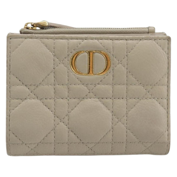 Christian Dior Cannage Caro Dahlia Wallet Lamb Skin Beige Gold Auth 200738A