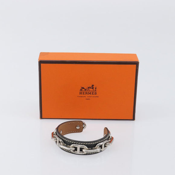 HERMES Bangle Chaine d'Ancre Bracelet Metal Leather Silver Black Auth 200739V