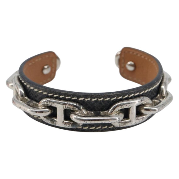 HERMES Bangle Chaine d'Ancre Bracelet Metal Leather Silver Black Auth 200739V