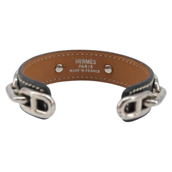 HERMES Bangle Chaine d'Ancre Bracelet Metal Leather Silver Black Auth 200739V