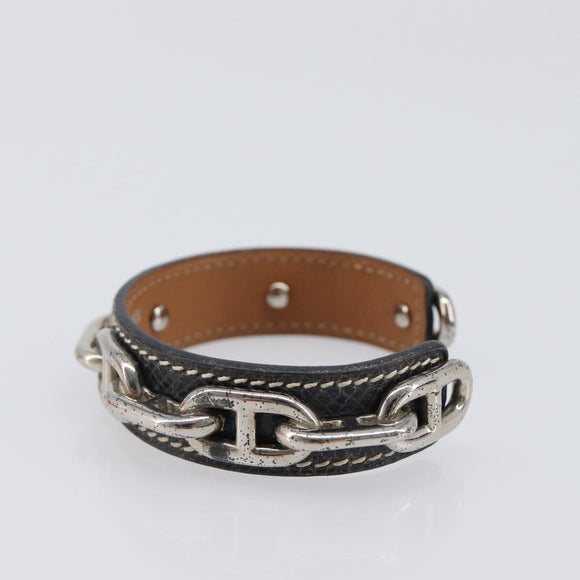 HERMES Bangle Chaine d'Ancre Bracelet Metal Leather Silver Black Auth 200739V