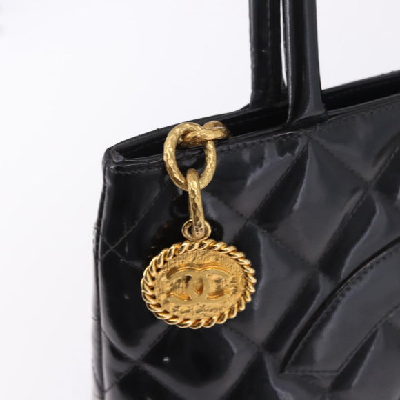 CHANEL Matelasse Reprint Tote Bag Patent Leather Black Gold CC Auth 200752