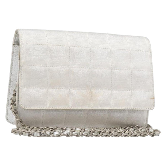 CHANEL New Travel Line Chain Shoulder Bag Canvas Silver CC Auth 200755