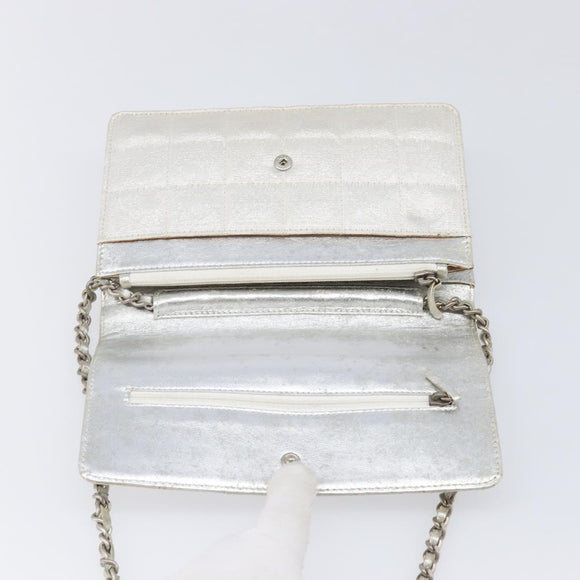 CHANEL New Travel Line Chain Shoulder Bag Canvas Silver CC Auth 200755
